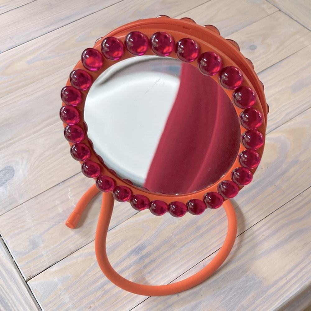 ADJUSTABLE Blinged Out Double Sided Magnified Mirror Orange Pink Jewels 5.5" D